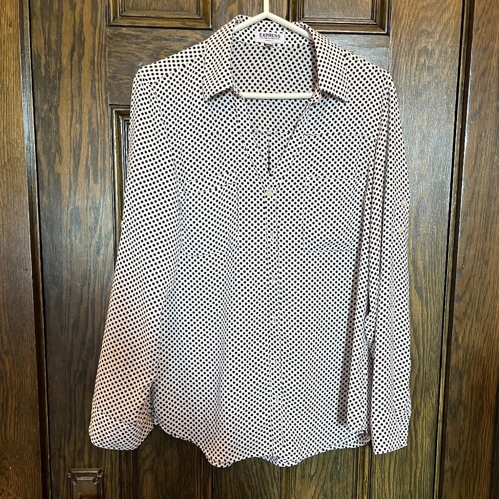 Express Portofino Button Down Dress Shirt - Black and White Polka Dot (Large)